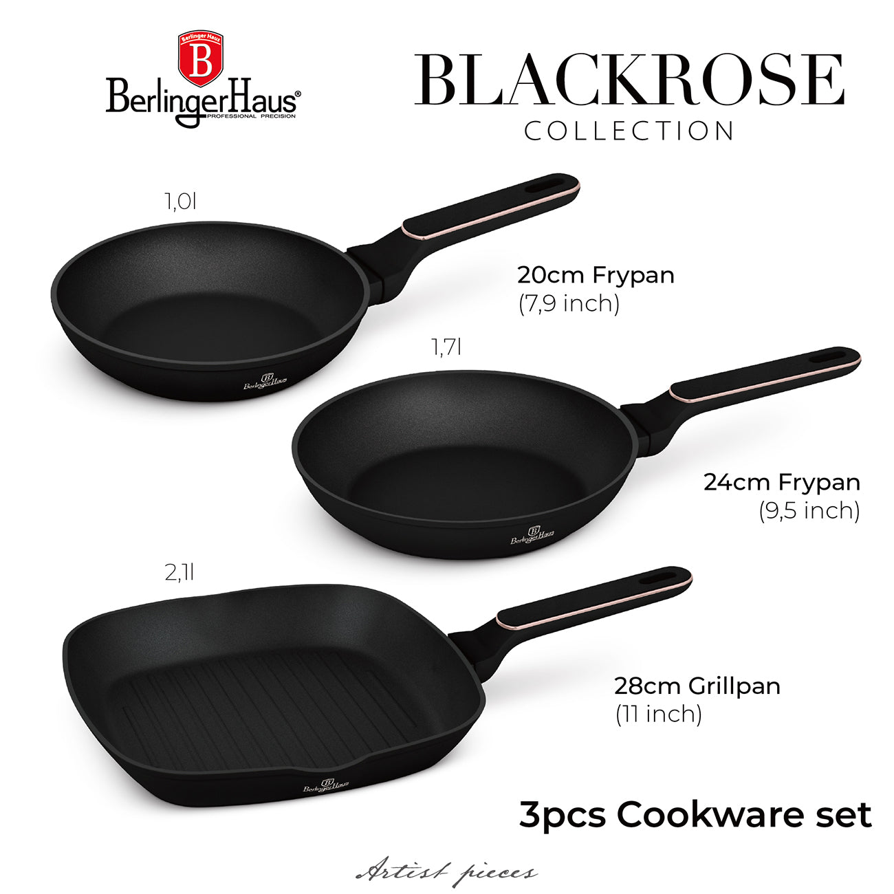 Berlinger Haus 3-Piece Titan Pro Non-Stick Coating Frypan Set - Black Rose