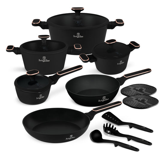 Berlinger Haus 15-Piece Titan Pro Non-Stick Coating Cookware Set - Black Rose
