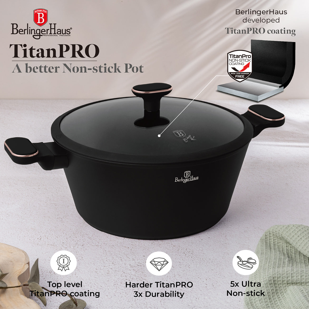 Berlinger Haus 15-Piece Titan Pro Non-Stick Coating Cookware Set - Black Rose