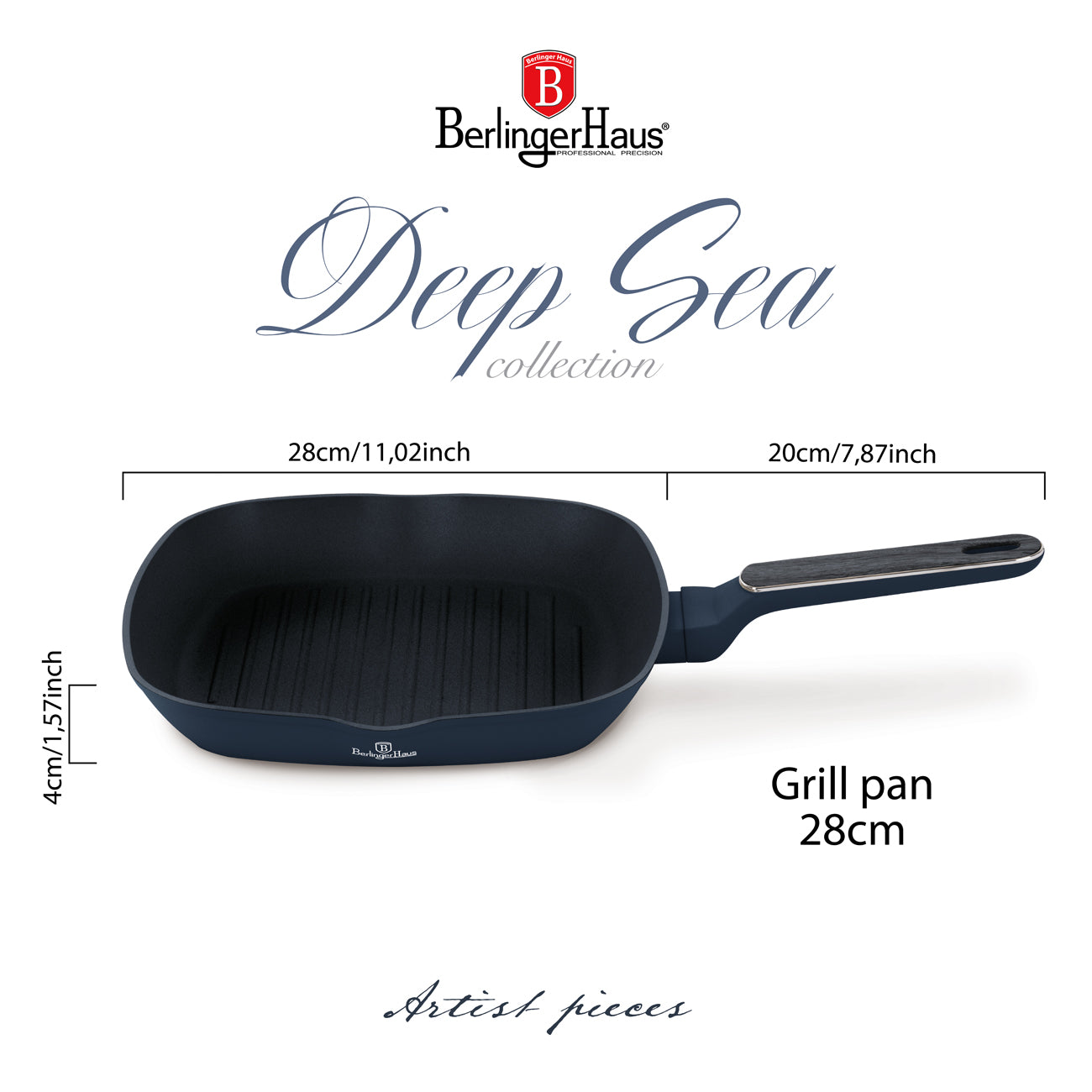 Berlinger Haus 28cm Titan Pro Non-Stick Coating Grill Pan - Deep Sea