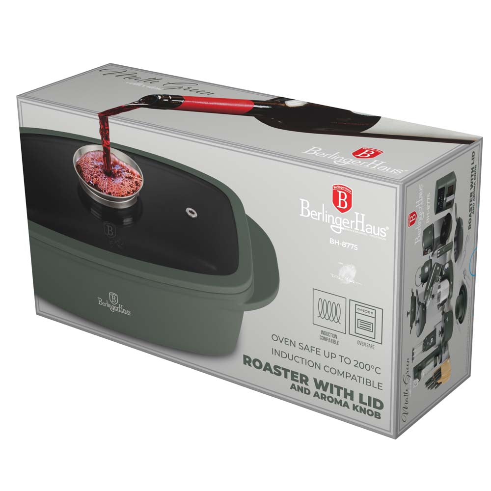 Berlinger Haus Roaster with Glass Lid & Aroma Knob – Ø32 cm – 6L – Matt Green