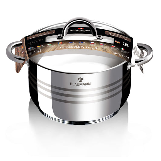 Blaumann 26cm Stainless Steel Casserole with Lid - Gourmet Line