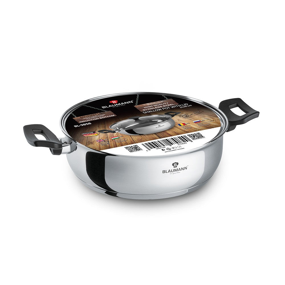 Blaumann 24cm Stainless Steel Shallow Pot with Lid - Gourmet Line