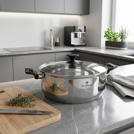 Blaumann 30cm Stainless Steel Shallow Pot with Lid - Gourmet Line