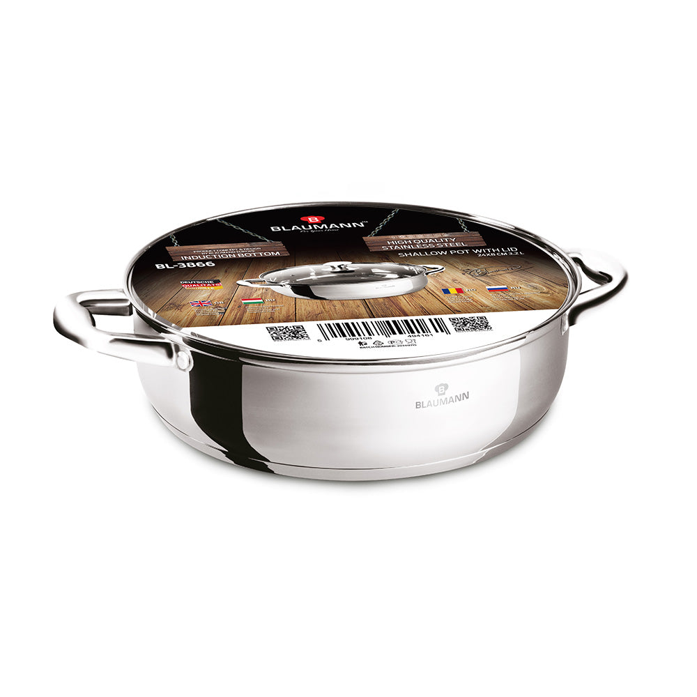Blaumann 24cm Stainless Steel Shallow Pot with Lid – Gourmet Line