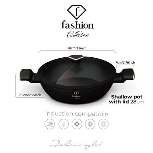 Fashion By Berlinger Haus 28cm TitanPro Non-Stick Shallow Pot with Lid - Matte Black