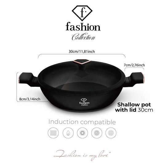 Fashion By Berlinger Haus 30cm TitanPro Non-Stick Shallow Pot with Lid - Matte Black