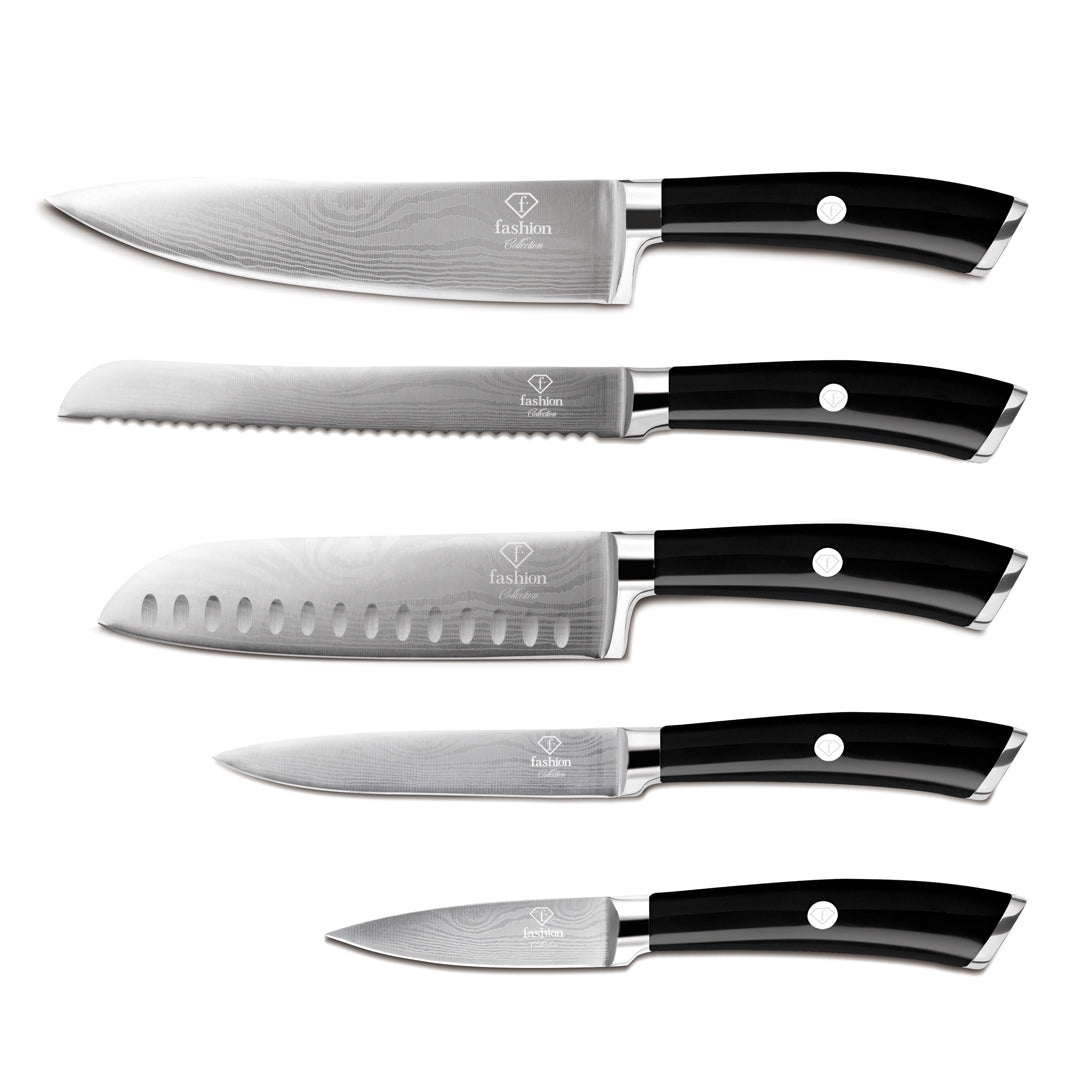 Fashion TV 6-Piece Stainless Steel Knife Set with Stand- Black silver