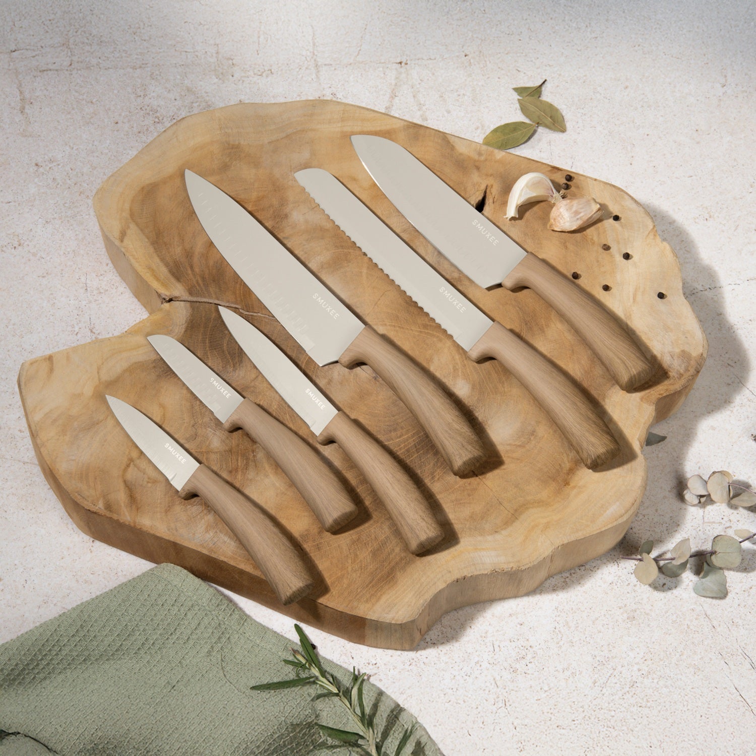 Smukee 6-Piece Titan Pro Stainless Steel Knife Set - Light Wood - Forest Line