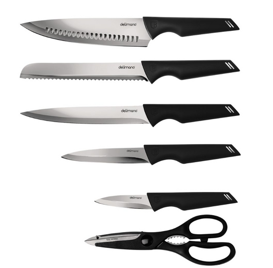 Delimano 6-Piece Stainless Steel Knife Set with Stand - Black Collection