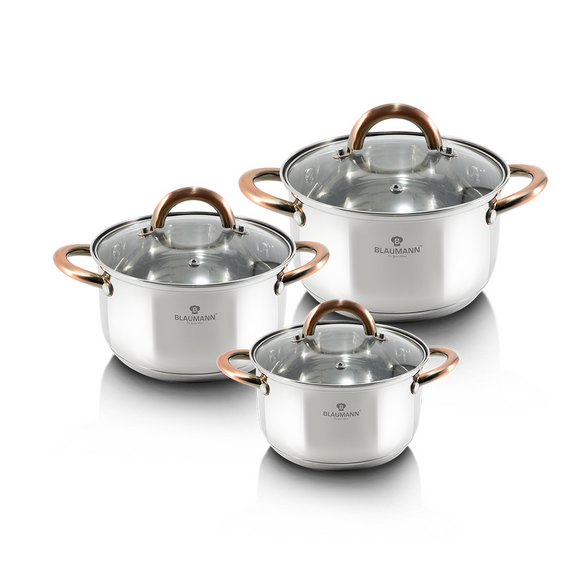 Blaumann 6 Piece Stainless Steel Cookware Set with Glass Lids - Gourmet Line