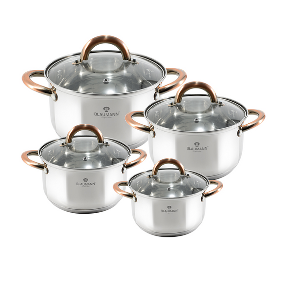 Blaumann 8 Piece Stainless Steel Cookware Set with Glass Lids - Gourmet Line