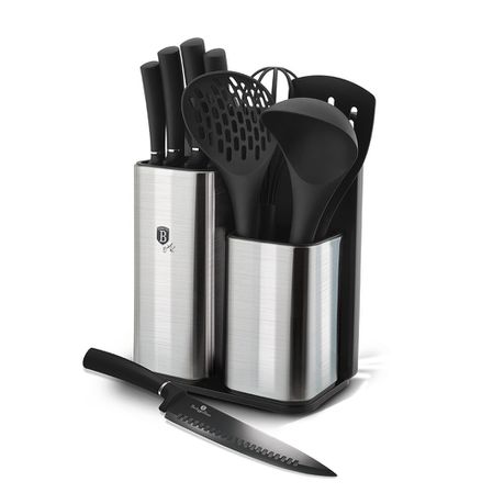 Berlinger Haus 12-Piece Stainless Steel Knife Set with Stand and Board Black Silver