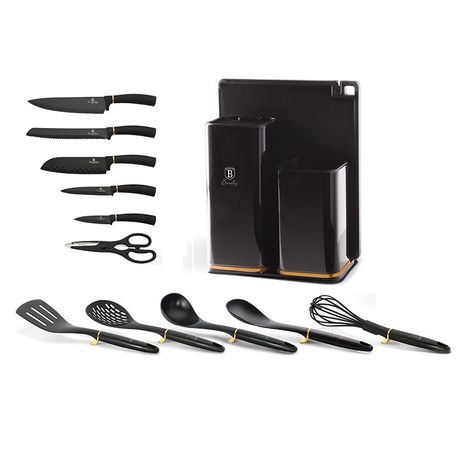 Berlinger Haus 13 Piece Knife Set with Stand and Kitchen Tools -Black Rose Collection