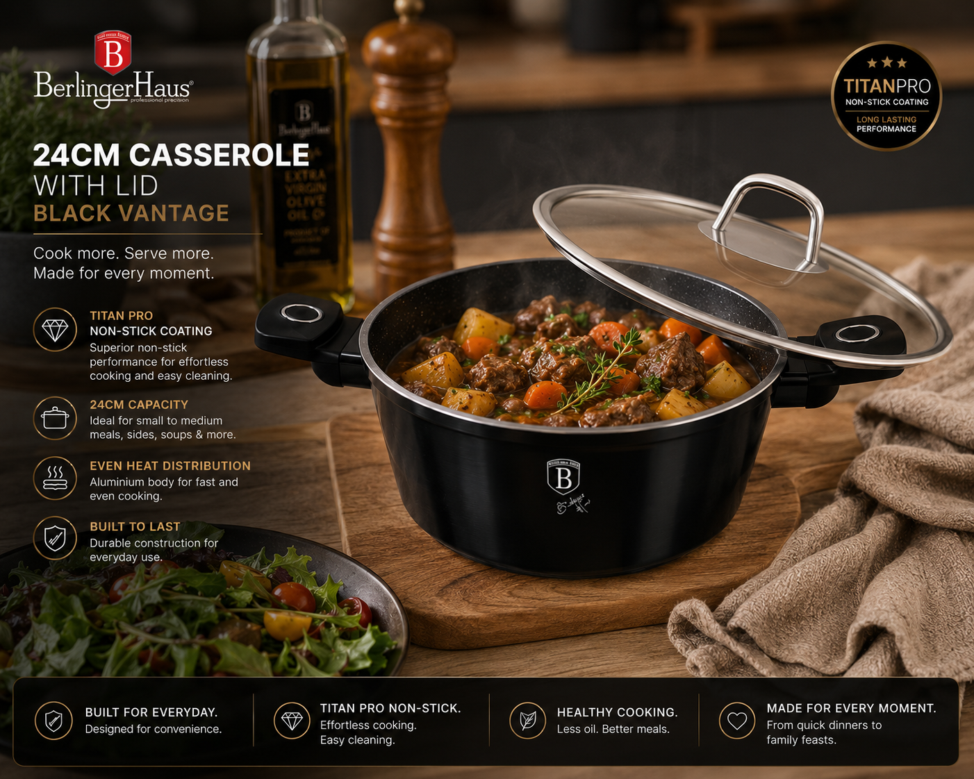 Berlinger Haus 24cm Titan Pro Non-Stick Casserole with Lid - Black Vantage