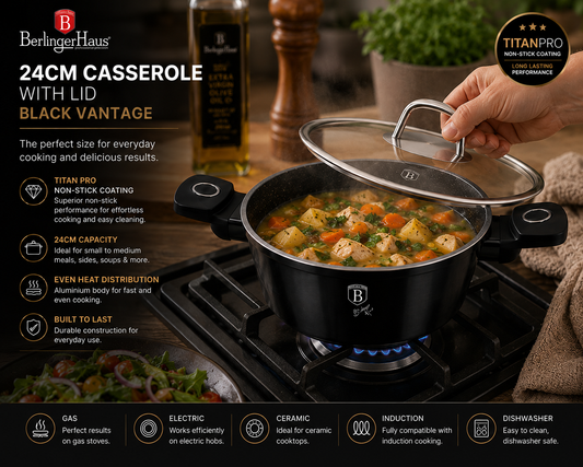 Berlinger Haus 24cm Titan Pro Non-Stick Casserole with Lid - Black Vantage