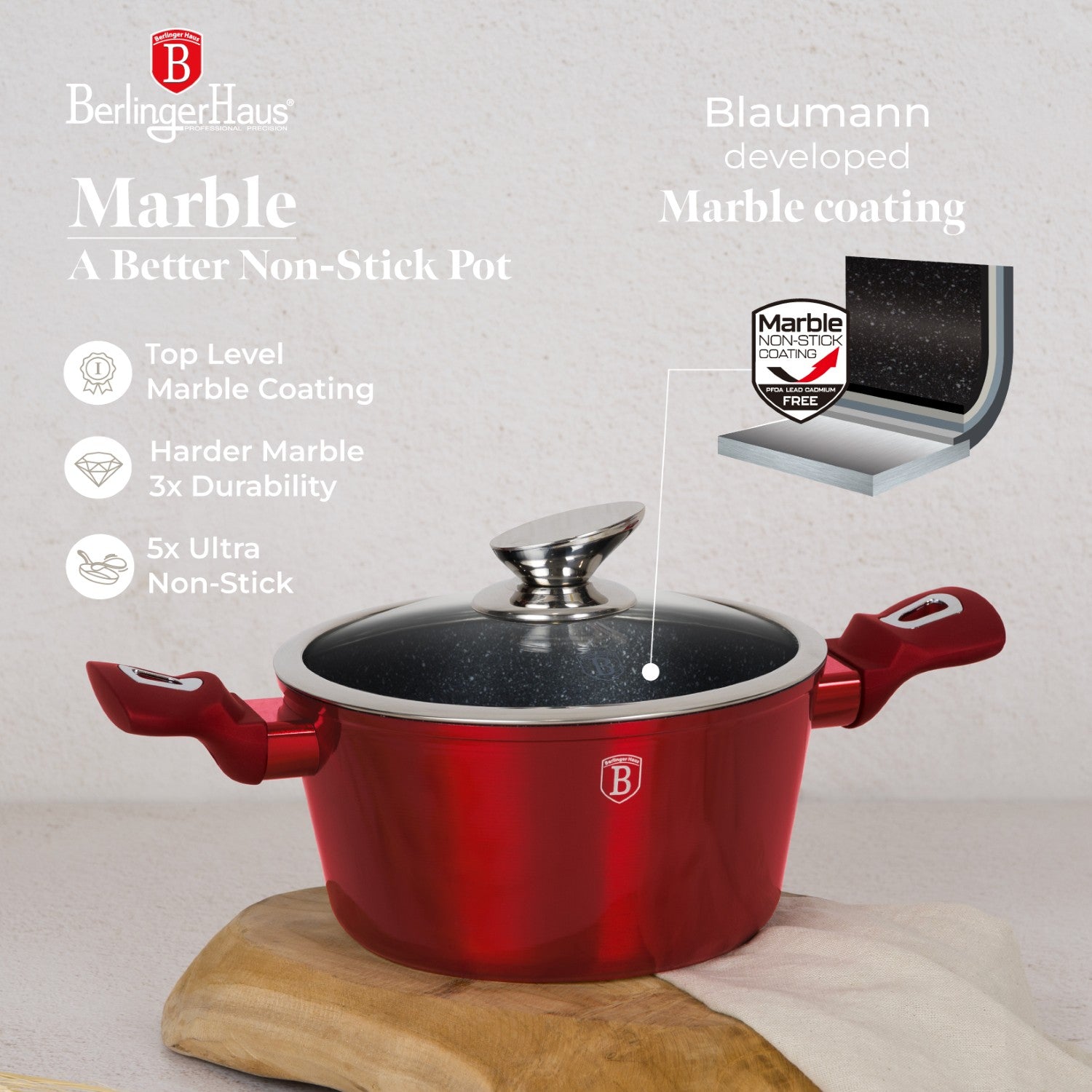 Berlinger Haus 10 Piece Marble Coating Cookware Set - Burgundy Metallic Line