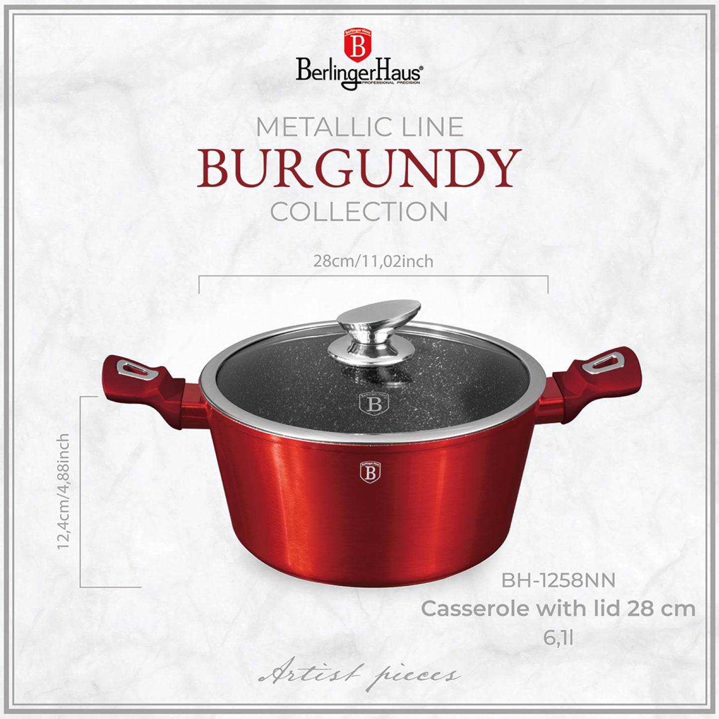 Berlinger Haus 28cm Non-Stick Marble Coating Casserole - Burgundy Metallic