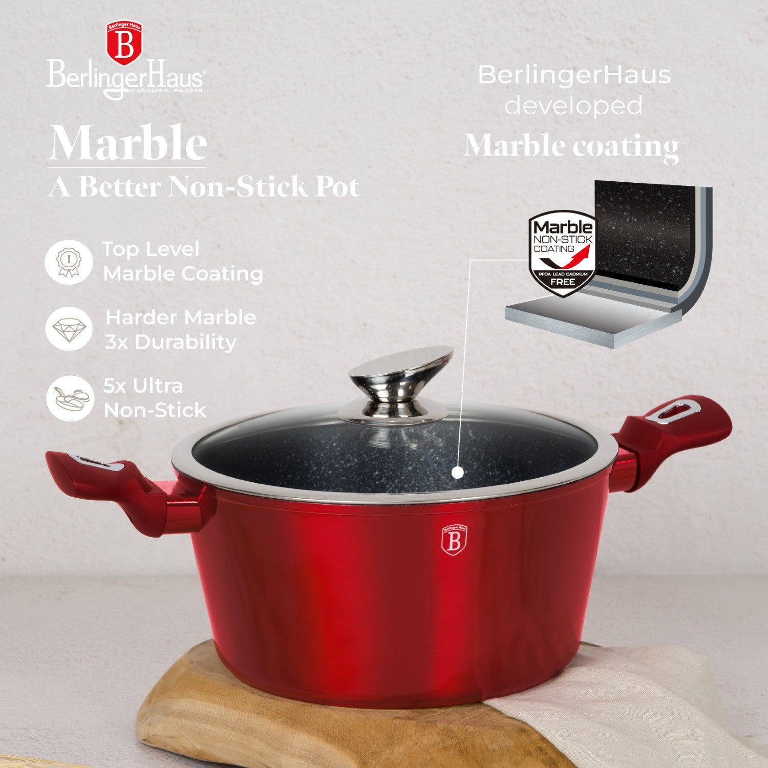 Berlinger Haus 28cm Non-Stick Marble Coating Casserole - Burgundy Metallic