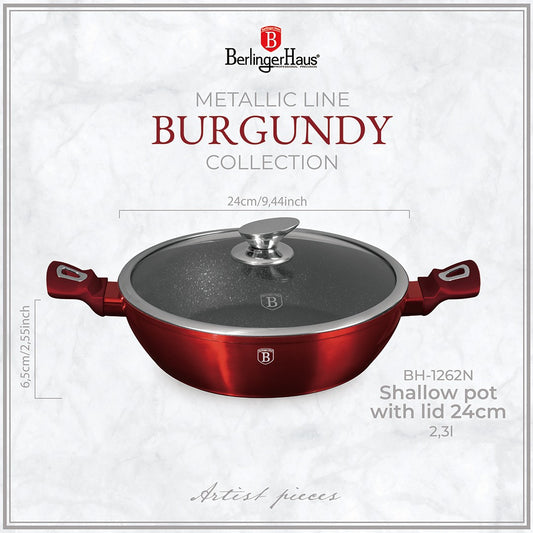 Berlinger Haus 24cm Titan Pro Non-Stick Shallow Pot with Lid - Metallic Burgundy Line