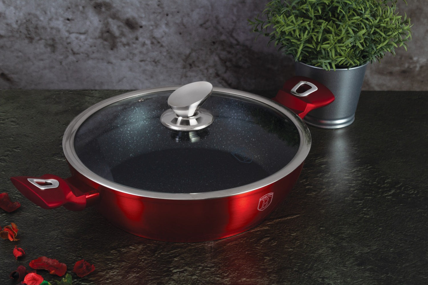 Berlinger Haus 24cm Titan Pro Non-Stick Shallow Pot with Lid - Metallic Burgundy Line