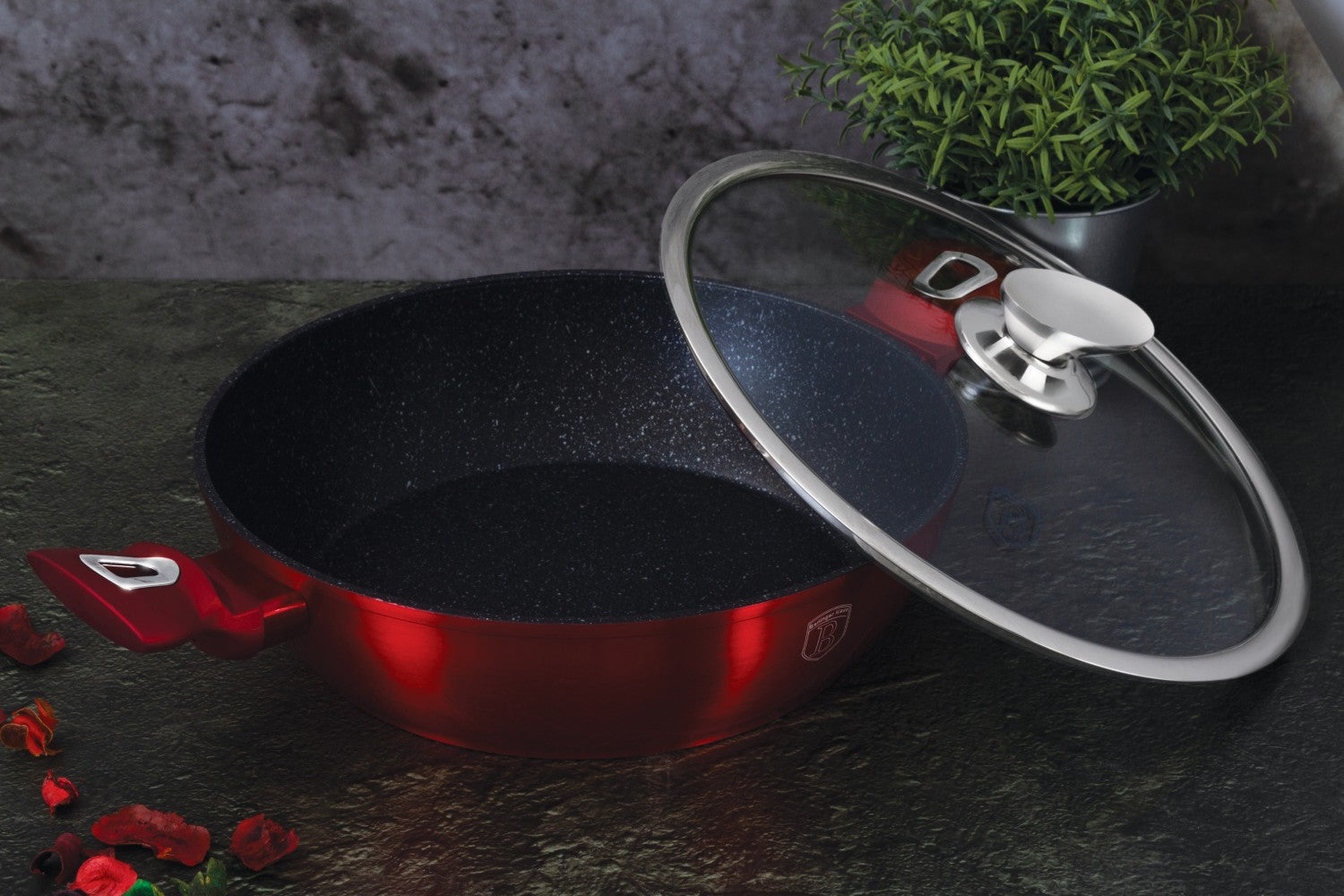 Berlinger Haus 24cm Titan Pro Non-Stick Shallow Pot with Lid - Metallic Burgundy Line