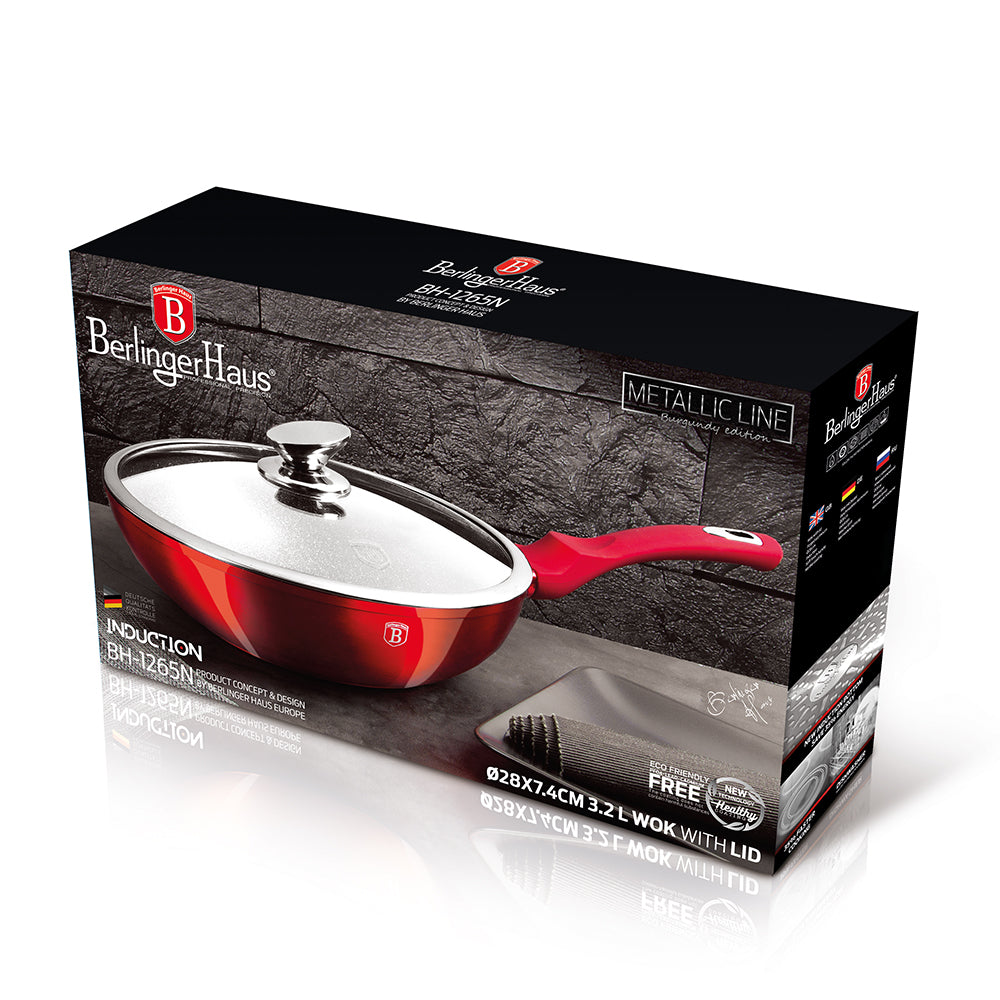 Berlinger Haus 28cm Marble Coating Wok with Lid - Burgundy Metallic