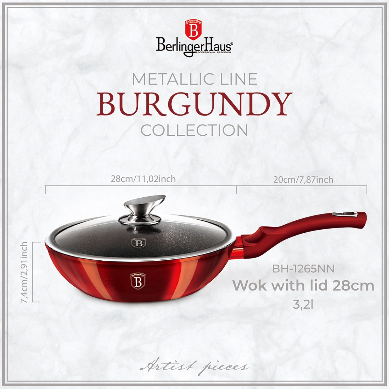 Berlinger Haus 28cm Marble Coating Wok with Lid - Burgundy Metallic