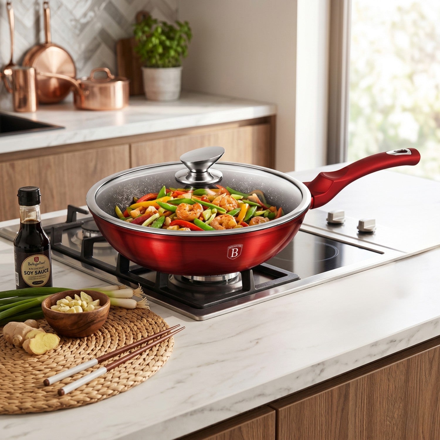 Berlinger Haus 28cm Marble Coating Wok with Lid - Burgundy Metallic