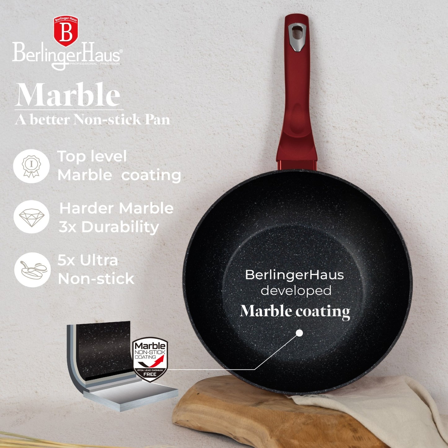 Berlinger Haus 28cm Marble Coating Wok with Lid - Burgundy Metallic