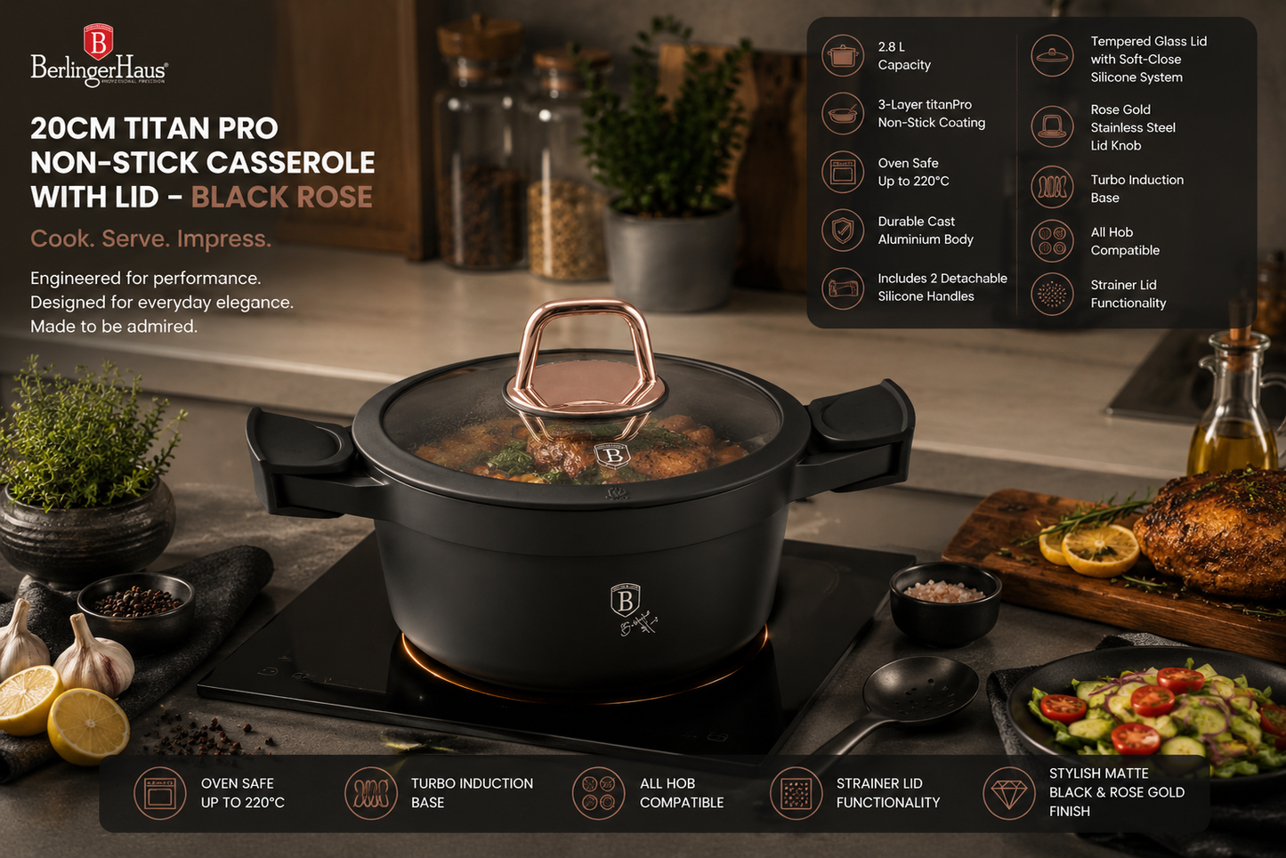 Berlinger Haus 20cm Titan Pro Non-Stick Casserole - Black Rose