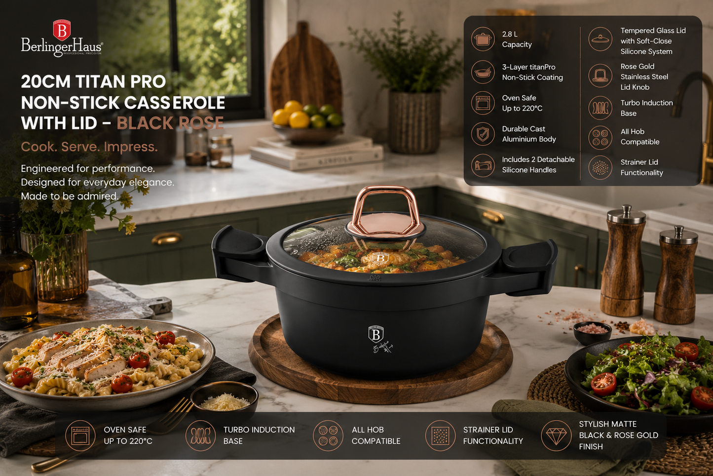 Berlinger Haus 20cm Titan Pro Non-Stick Casserole - Black Rose