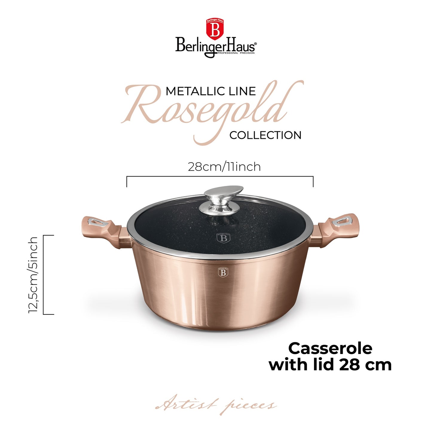 Berlinger Haus 28cm Marble Coating Casserole with Lid - Rose Gold Metallic Line