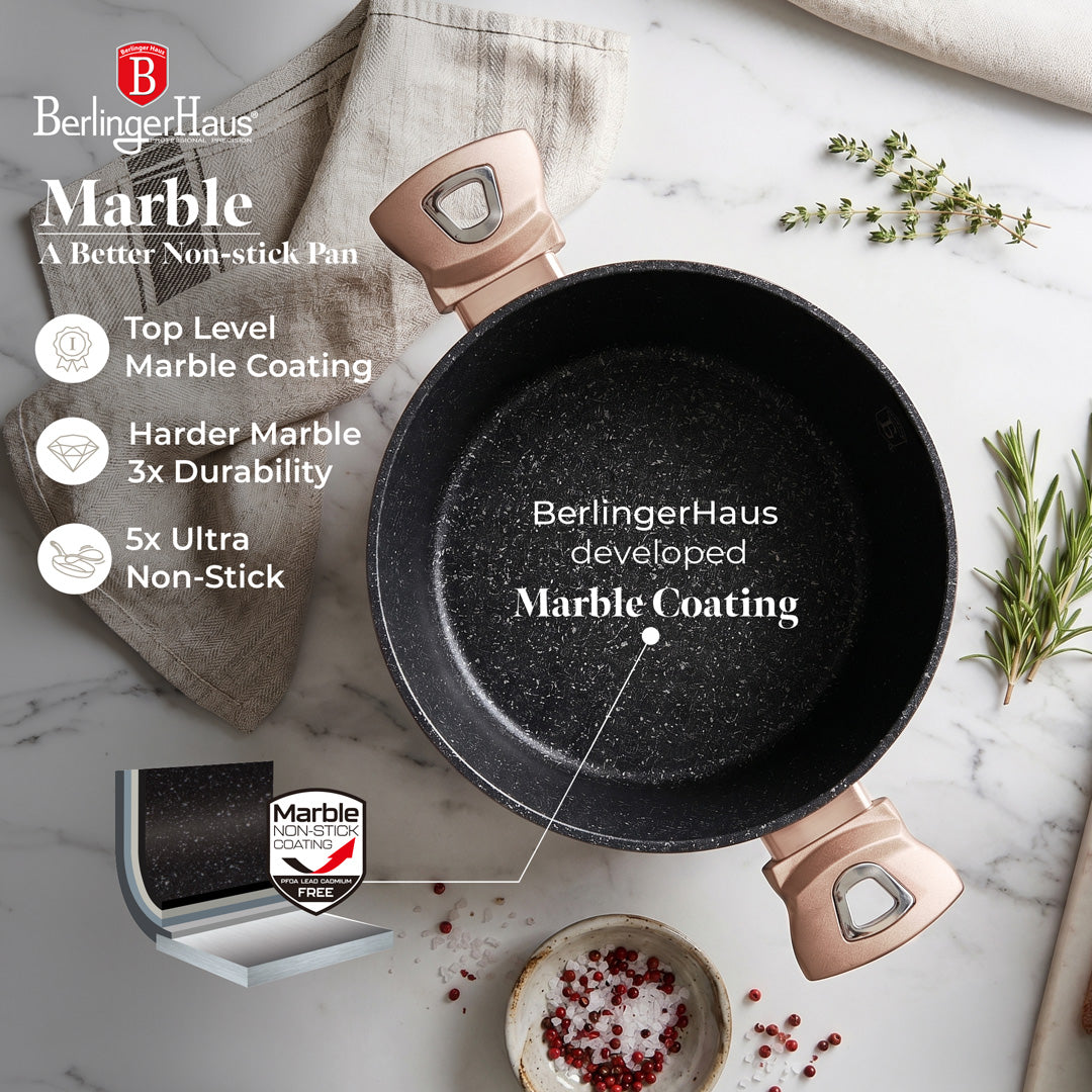 Berlinger Haus 28cm Marble Coating Casserole with Lid - Rose Gold Metallic Line