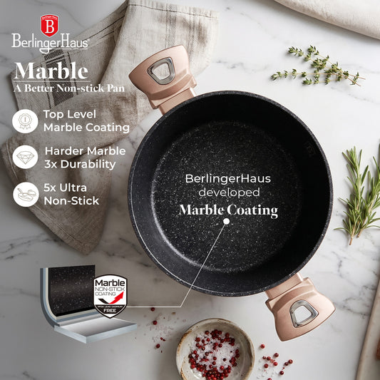 Berlinger Haus 28cm Marble Coating Casserole with Lid - Rose Gold Metallic Line