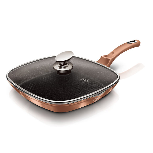 Berlinger Haus 28cm Marble Coating Non-Stick Grill Pan With Lid Rose Gold