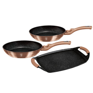 Berlinger Haus 3 Piece Marble Coating Frypan & Grill Plate Set - Rose Gold Metallic Line