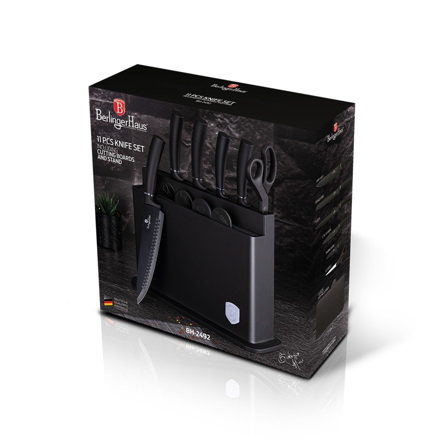 Berlinger Haus 11 Piece Stainless Steel Knife Set with Stand and Cutting Boards - Black Silver