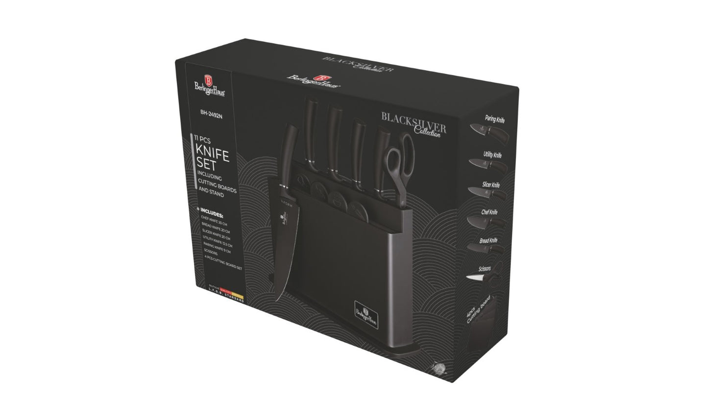 Berlinger Haus 11 Piece Stainless Steel Knife Set with Stand and Cutting Boards - Black Silver