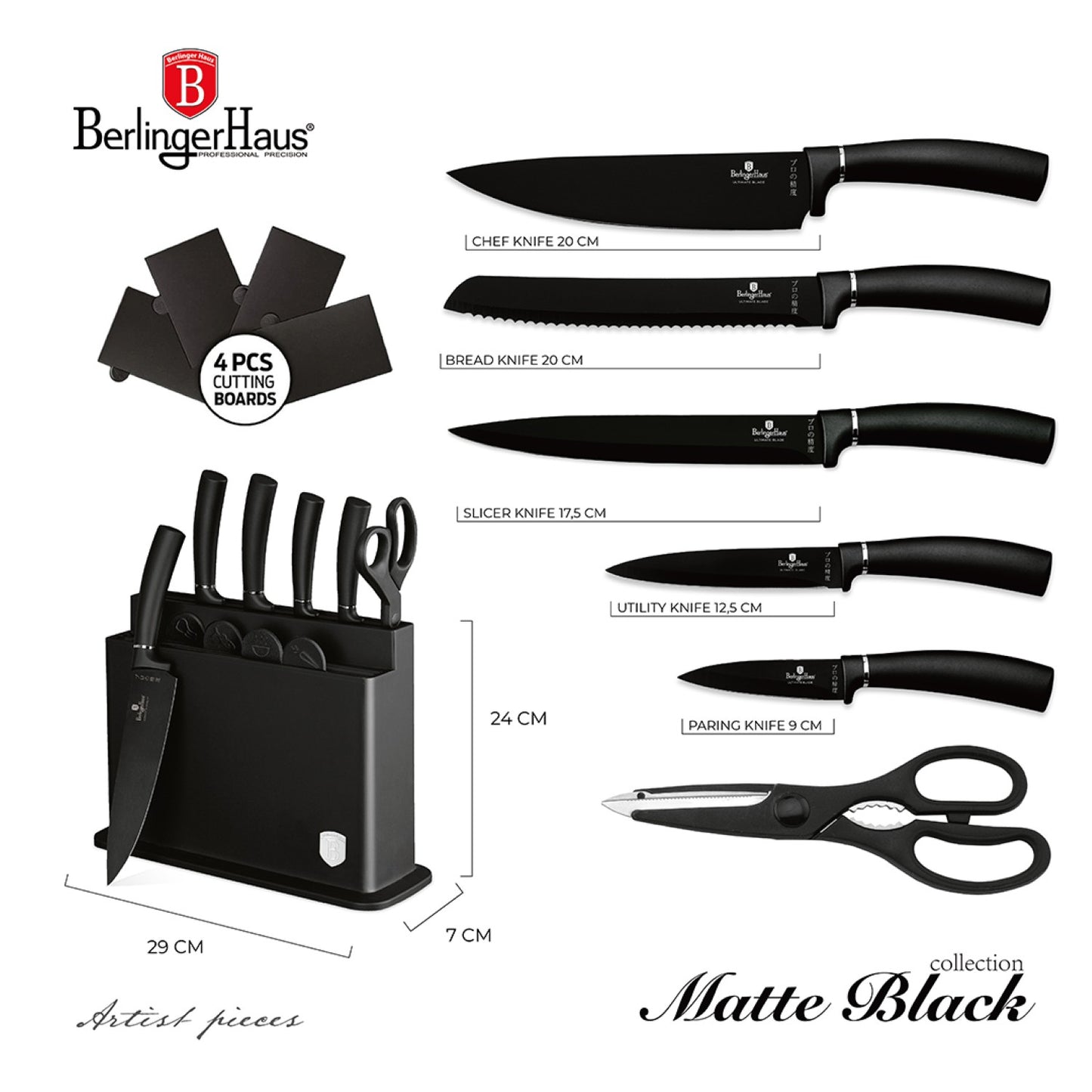 Berlinger Haus 11 Piece Stainless Steel Knife Set with Stand and Cutting Boards - Black Silver