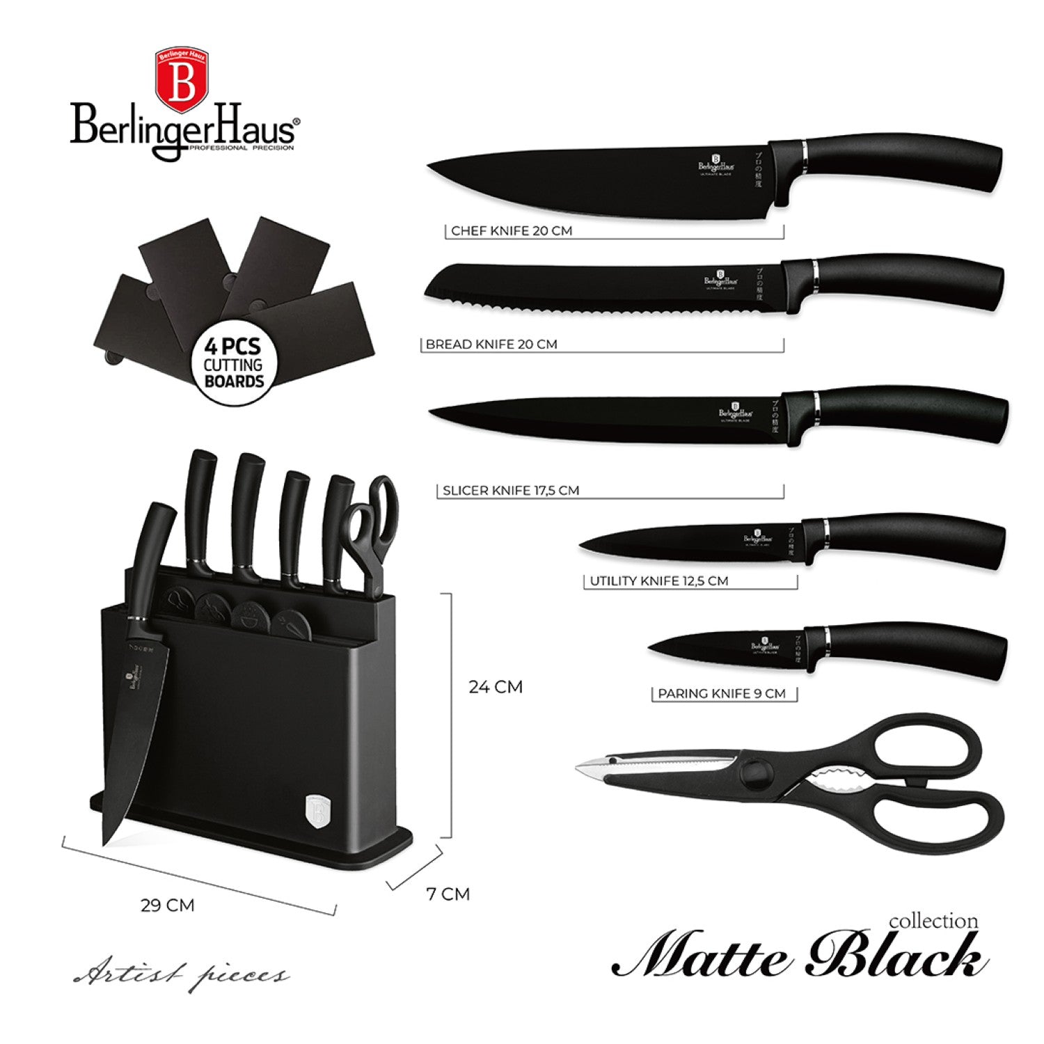 Berlinger Haus 11 Piece Stainless Steel Knife Set with Stand and Cutting Boards - Black Silver