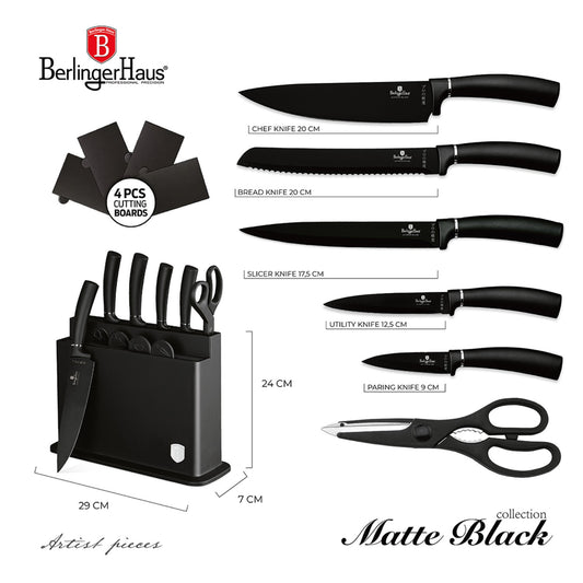 Berlinger Haus 11 Piece Stainless Steel Knife Set with Stand and Cutting Boards - Black Silver