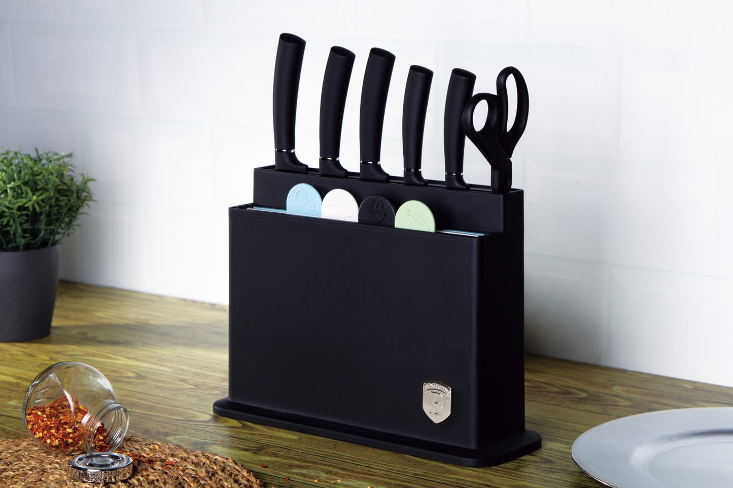 Berlinger Haus 11 Piece Stainless Steel Knife Set with Stand and Cutting Boards - Black Silver
