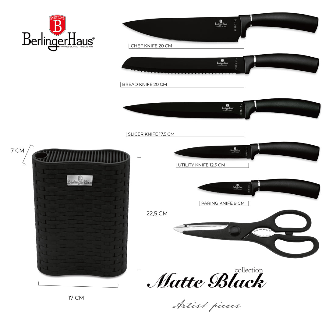 Berlinger Haus 7-Piece Stainless Steel Knife Set with Stand - Black Silver