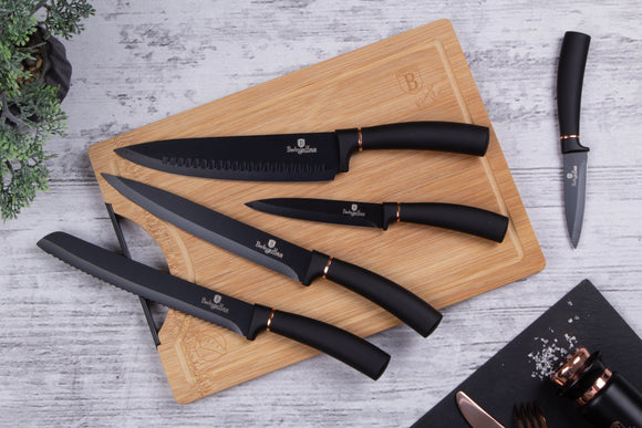 Berlinger Haus 6-Piece Knife Set with Bamboo Cutting Board – Black & Rose Gold Edition
