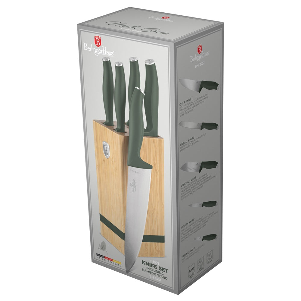 Berlinger Haus 6-Piece Knife Set with Bamboo Stand – Matte Green