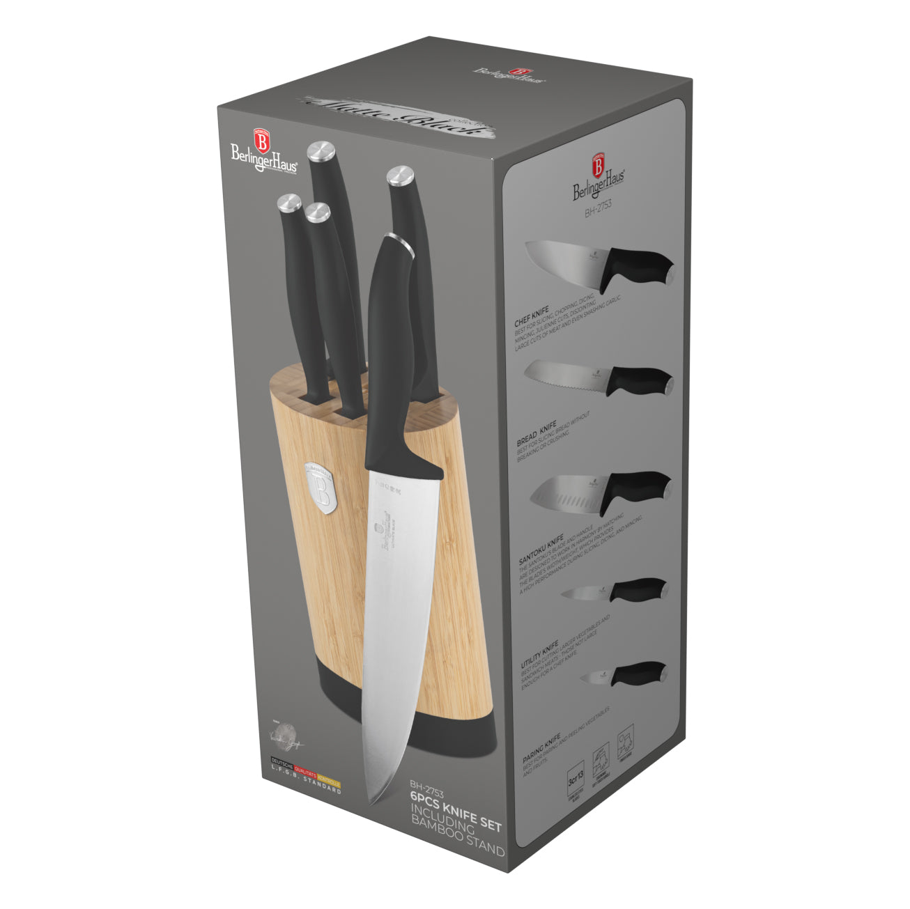 Berlinger Haus 6-Piece Knife Set with Bamboo Stand – Matt Black