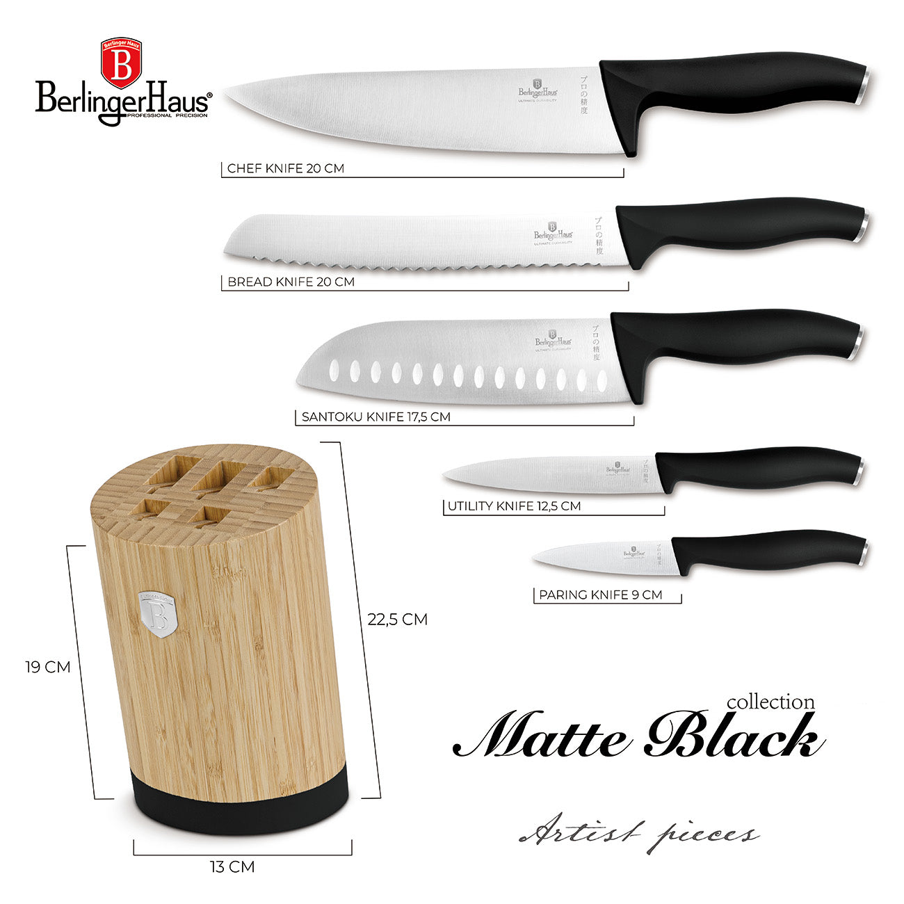 Berlinger Haus 6-Piece Knife Set with Bamboo Stand – Matt Black