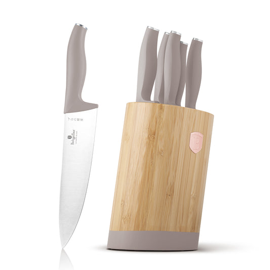 Berlinger Haus 6-Piece Stainless Steel Knife Set with Bamboo Stand – Taupe