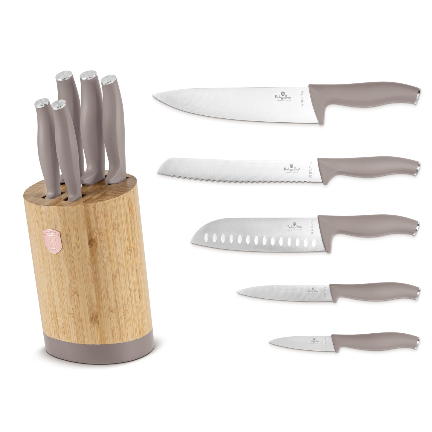 Berlinger Haus 6-Piece Stainless Steel Knife Set with Bamboo Stand – Taupe